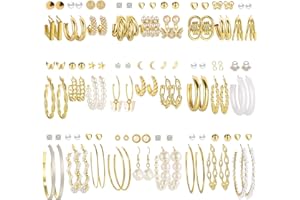 17KM 54 Pairs Gold Hoop Earrings Set for Women Multipack, Boho Fashion Statement Stud Hoop Earrings Pack with Pearl Butterfly Shaped Assorted Small Big Hoop Earrings Jewelry for Gift