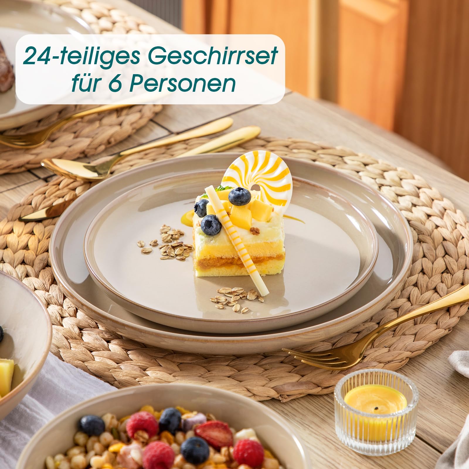Geschirrset 6 Personen, vancasso PLAYA 24tlg Tafelservice 6 Personen Modern, Steingut Geschirrset, Beinhaltet Schüssel, Dessertteller und Speiseteller, Spülmaschinenfest, Braun 6