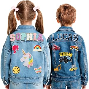 aoemgnj Personalized Kids Denim Jacket with Names, Custom Long Sleeve Jean Jacket for 1-14 Year Old Girls Boys, Back to Schoo