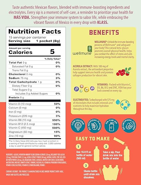 KLASS VIDA HYDRATION + IMMUNITY ELECTROLYTE DRINK MIX – CANTALOUPE AGUA FRESCA FLAVOR | SUGAR-FREE POWDER WITH WELLMUNE®, ACEROLA, COCONUT WATER & MINERALS | 15 SINGLE-SERVE STICK PACKS, LOW CALORIE