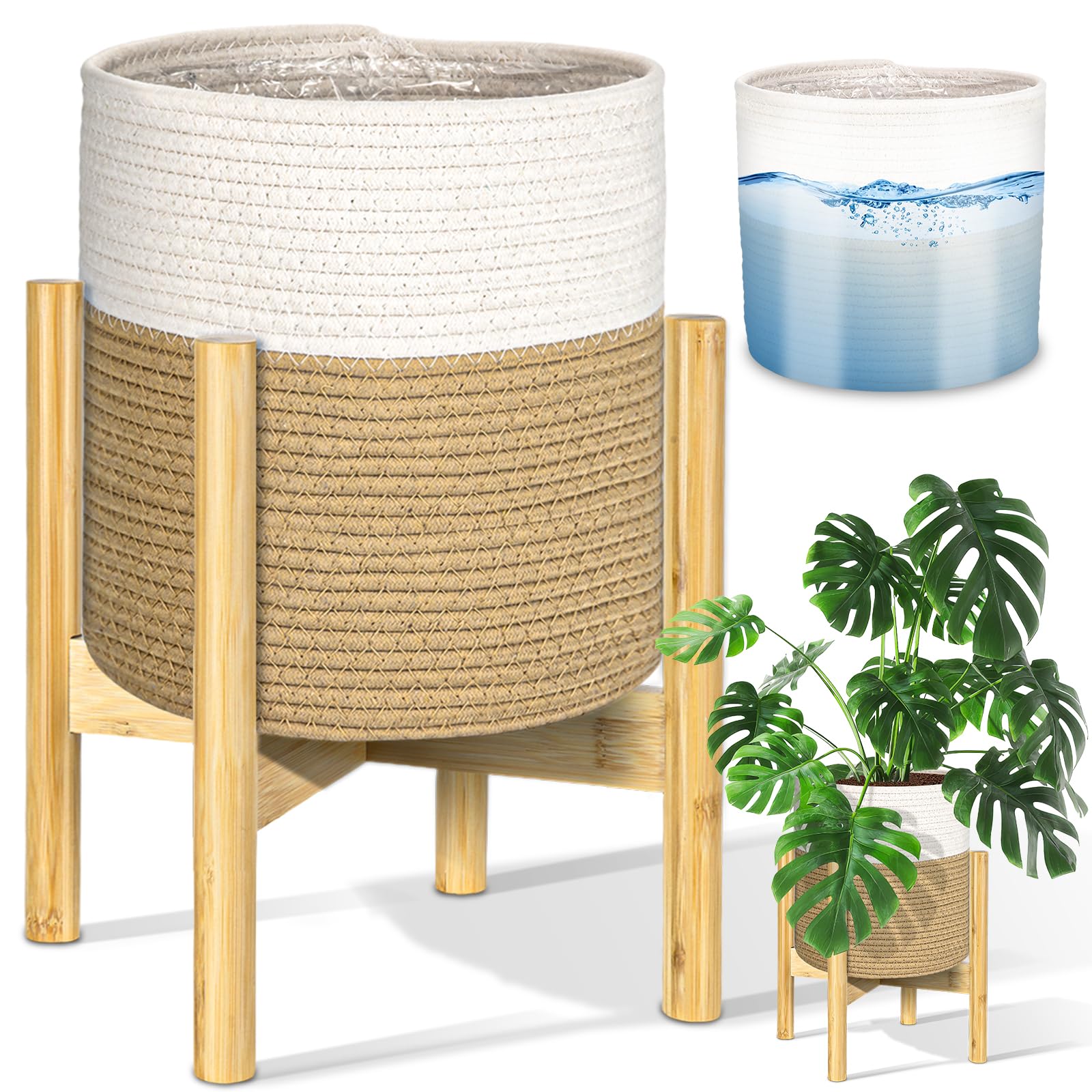 Photo 1 of PAULINN Plant Basket with Stand 11" x 11", Woven Basket with Bamboo Plant Stand, for Indoor Plant, Fits Up to 10 Inch Plant Pots, White and Beige