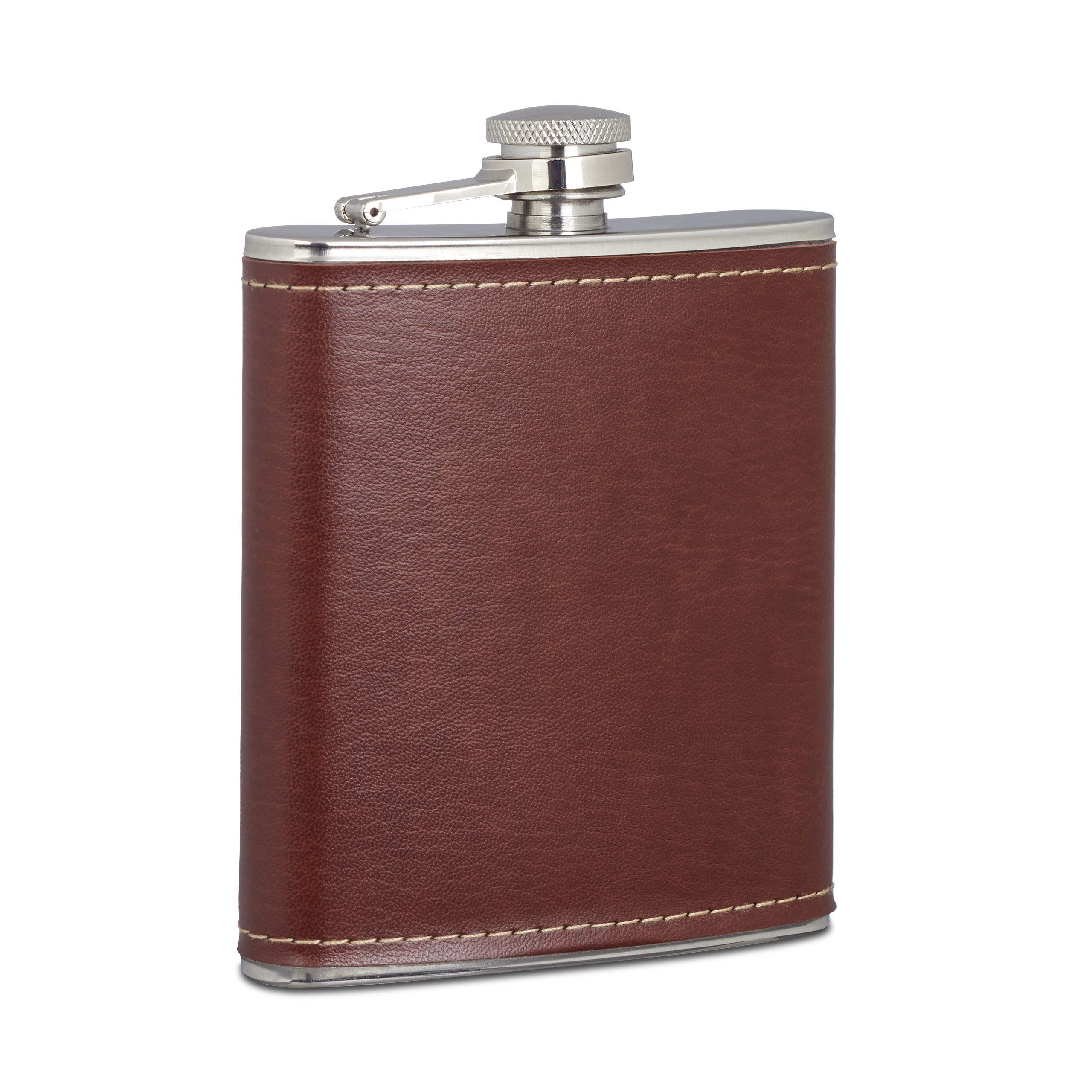 Relaxdays Hip Flask 200 ml, Stainless Steel Pocket Flask with Faux Leather Sleeve, Small Portable Flask, Brown