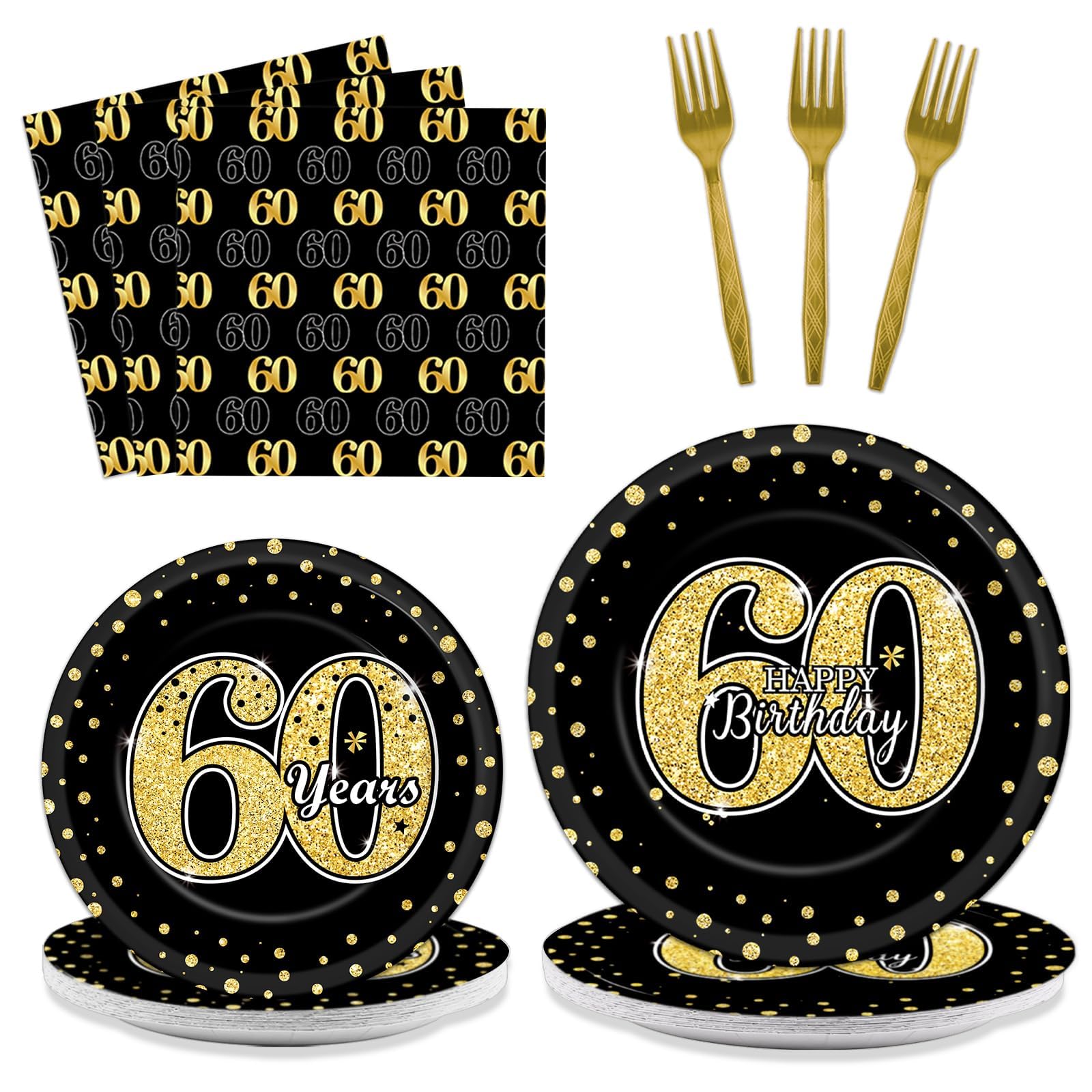 ZOIIWA 96PCS 60th Birthday Party Decoration Set Table Tableware Supplies for Men Cheers to 60 Years Dinnerware Black and Gold Plates 24 Guests Decorations Vintage