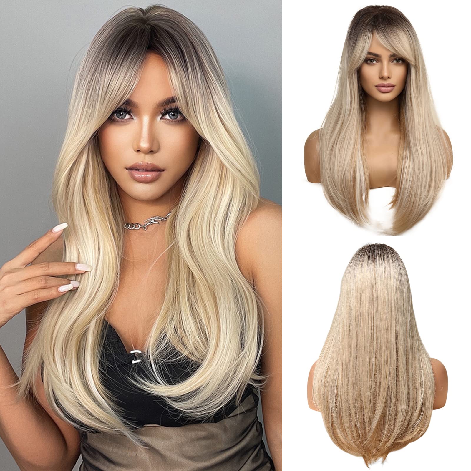 Esmee 24 Inches Long Straight Blonde Wig with Bangs Side Parting Natural Synthetic Hair Ombre Wigs for Women with Dark Roots for Daily Party Cosplay Wear — image 1