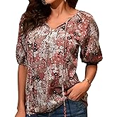 KOJOOIN Womens Boho Floral Tops V Neck Puff Sleeve Casual Blouses Loose Tunic Shirts