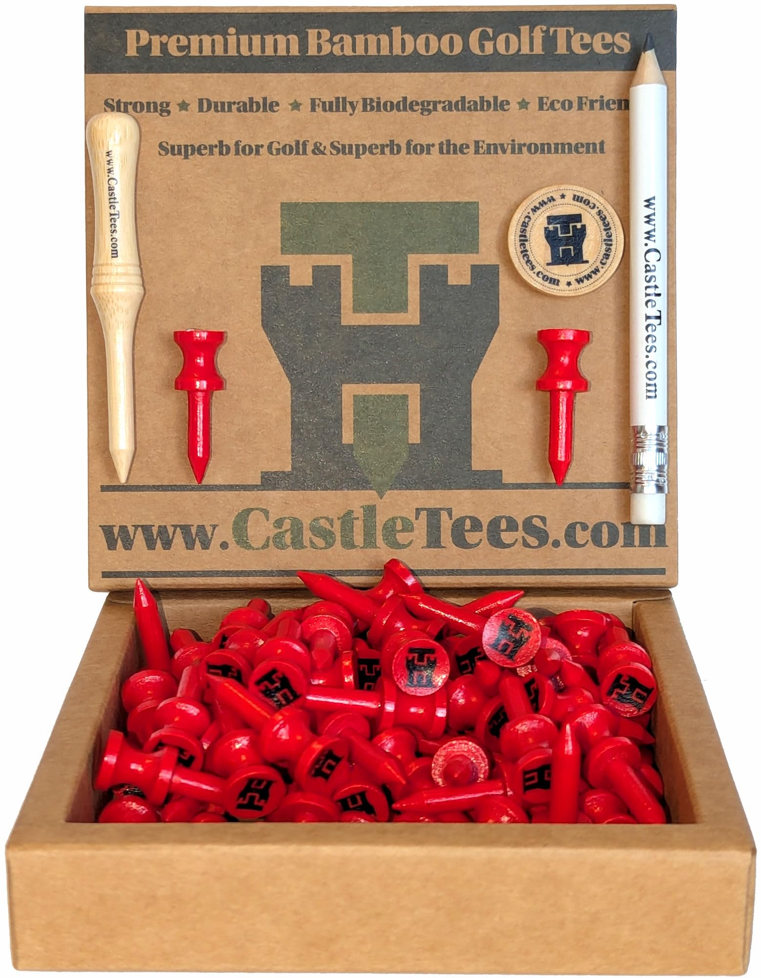 Castle Tees Official Red 80 Tee Pack x 32mm 1 ¼ inch Red Premium Bamboo Golf Tees + Free Pitch Repair Tool, Ball Marker & Pencil. Twice the strength of regular bamboo very strong Great Golf Gift.