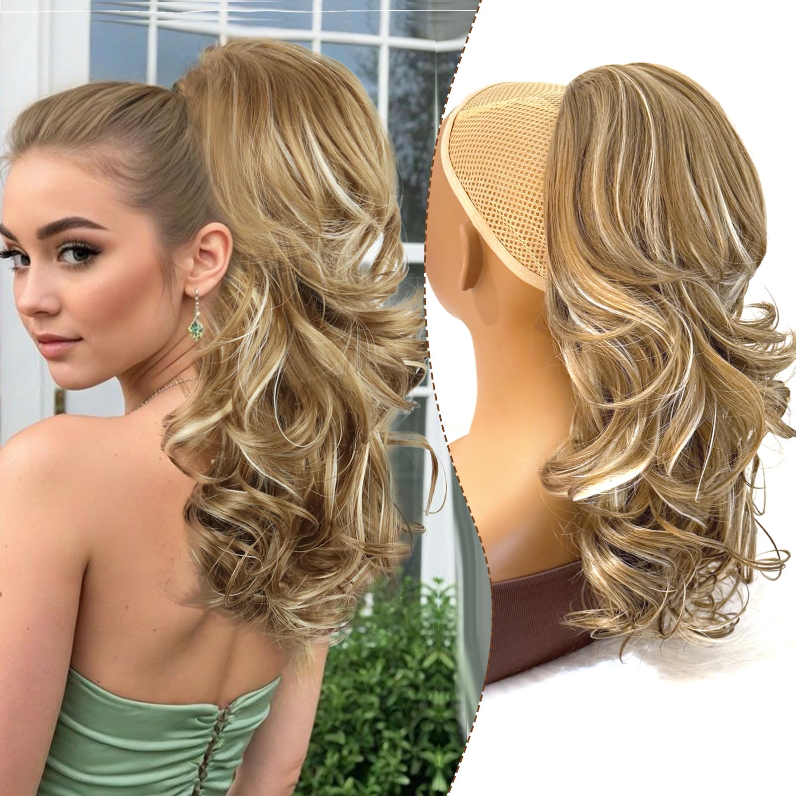 Photo 1 of Mayouda Ponytail Extension,18 Inch Wavy Drawstring Ponytail Hair Extension for Women, Clip in Hairpiece Brown With Blonde Fake Pony Tails Hair Synthetic Extensions For Daily Use