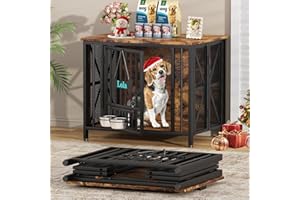 Easycom Dog Crate Furniture, 31.5" Assembly-Free Dog Crates for Small & Medium Dogs, Foldable Dog Kennel Indoor with Tag & Adjustable Dog Bowls, Wooden Dog Cage Use as End Table, Rustic Brown