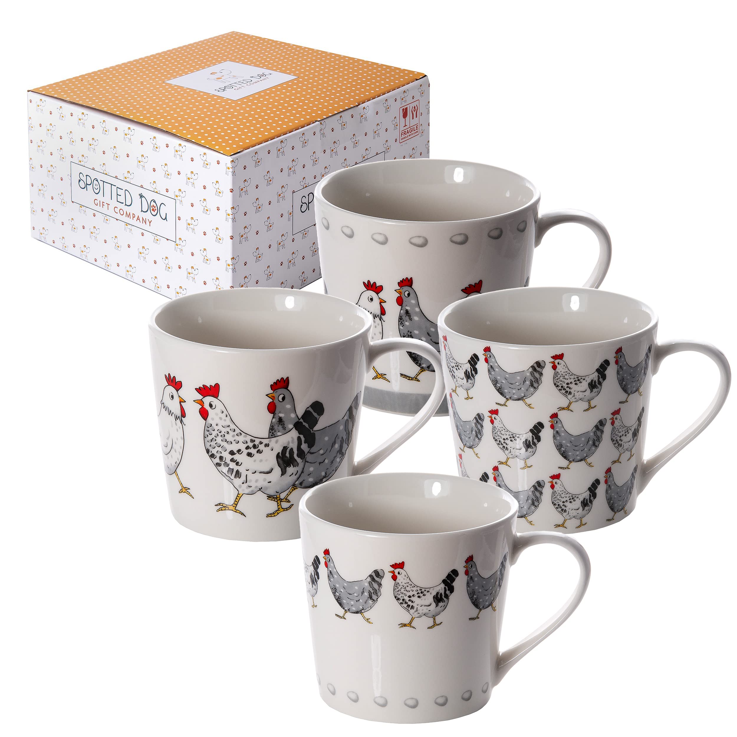 SPOTTED DOG GIFT COMPANY Chicken Mugs Set of 4 – 380ml Large Ceramic China Coffee Mugs & Tea Cups - Animal Themed Mug Set | Chicken Lover Gifts & Presents for Women & Men
