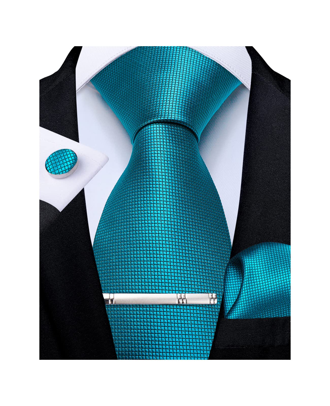 DiBanGu Silk Solid Teal Necktie & Pocket Square Cufflinks Tie Clip Set Jacquard Woven Classic Formal Ties for Men