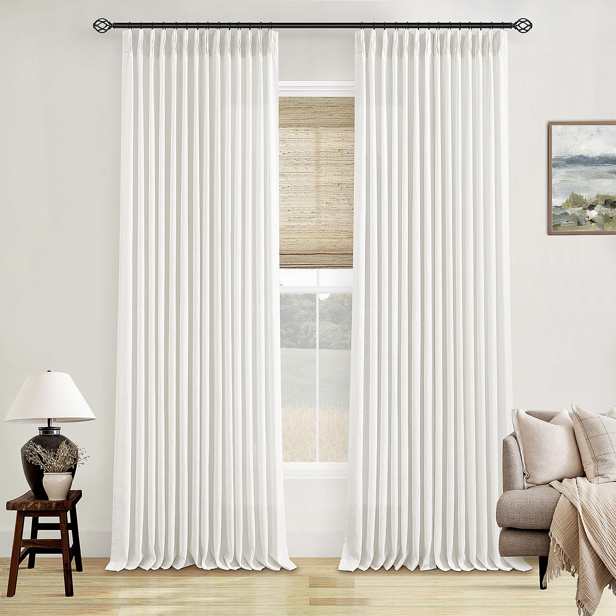 Photo 1 of 120 Inch Curtains High Ceiling Tall Curtains 2 Panels Set for Living Room Pinch Pleated with Hooks Rings Back Tab Bohemian Semi Sheer Drapes Cottage Long Large Window Drapes 120 Length Beige White