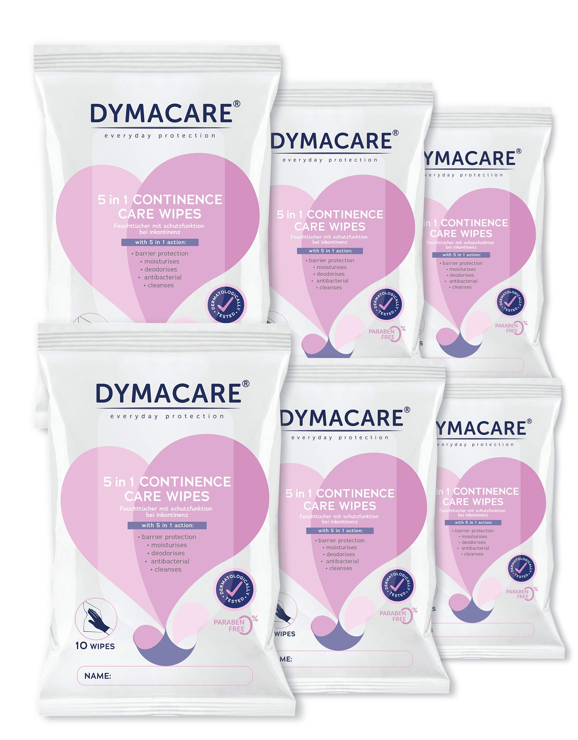 DYMACARE 5 in 1 Continence Care Wipes | Adult Scented Premium Disposable Incontinence Cloths | Skin Cleansing Wipes with Barrier Protection (6 Packs (60 Wipes in Total))