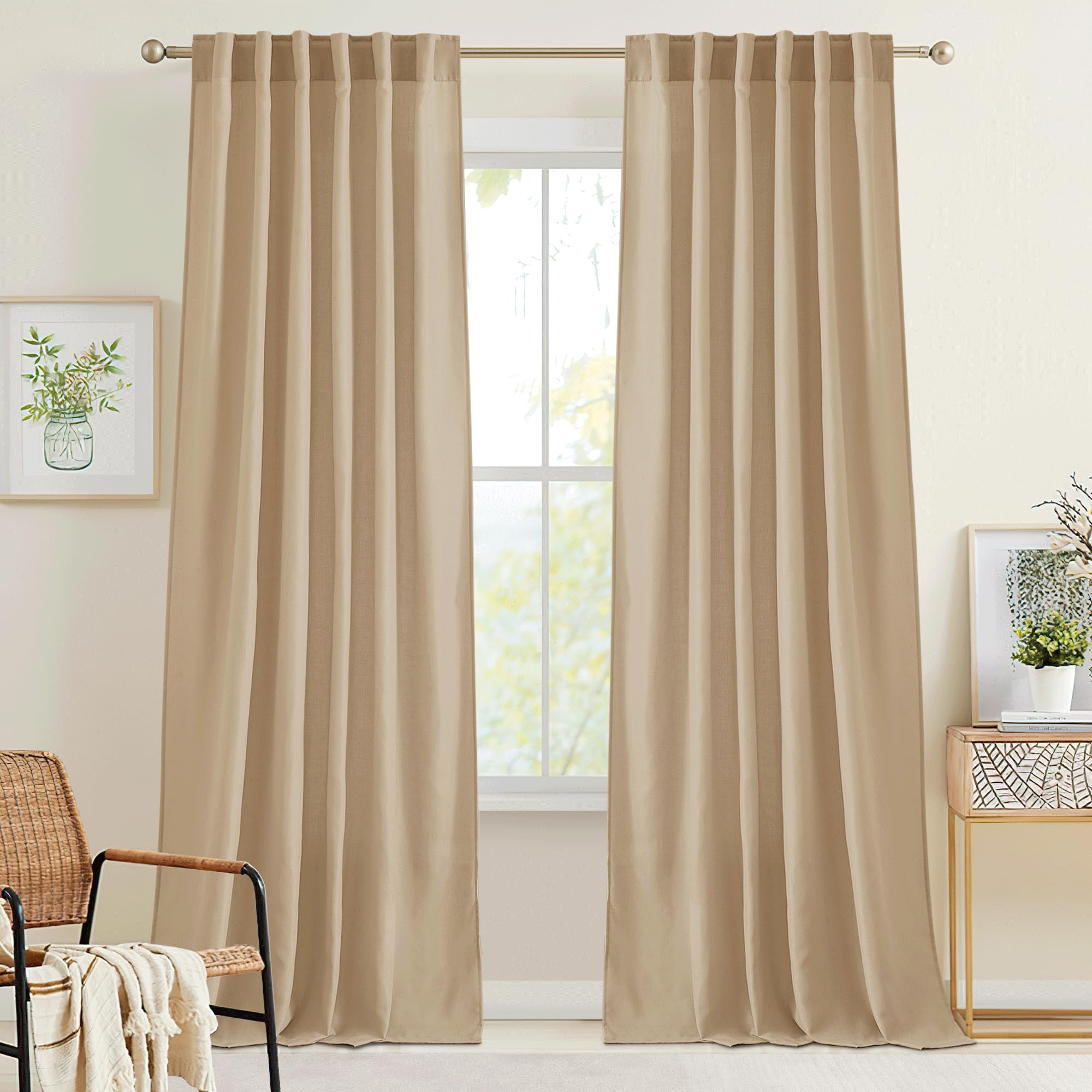 Photo 1 of RYB HOME Extra Long 120 inches Linen Textured Curtains, Semi Sheer Guaze Burlap Curtains & Drapes for Living Room Bedroom, Camel, W 52 x L 120 inches, 2 Panels Set