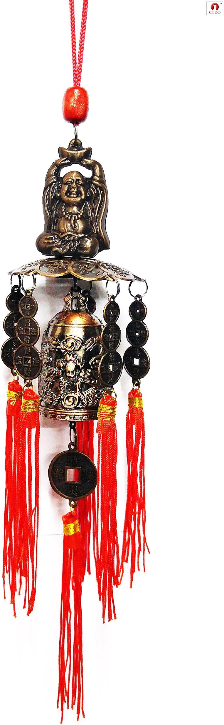 CEZO Feng Shui Happy Buddha Holding Ingot Pogada Tibetan Coin Bell Car/Wall Hanging 13 Inch