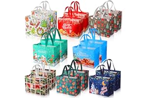 GKGG Christmas Gift Bags, 16 PCS Reusable Christmas Treat Bags, Waterproof Holiday Bags with Handles & Christmas Prints, Christmas Bags for Gifts Xmas Gift Bags Party Favors, 12.8 × 9.8 × 6.7 Inch