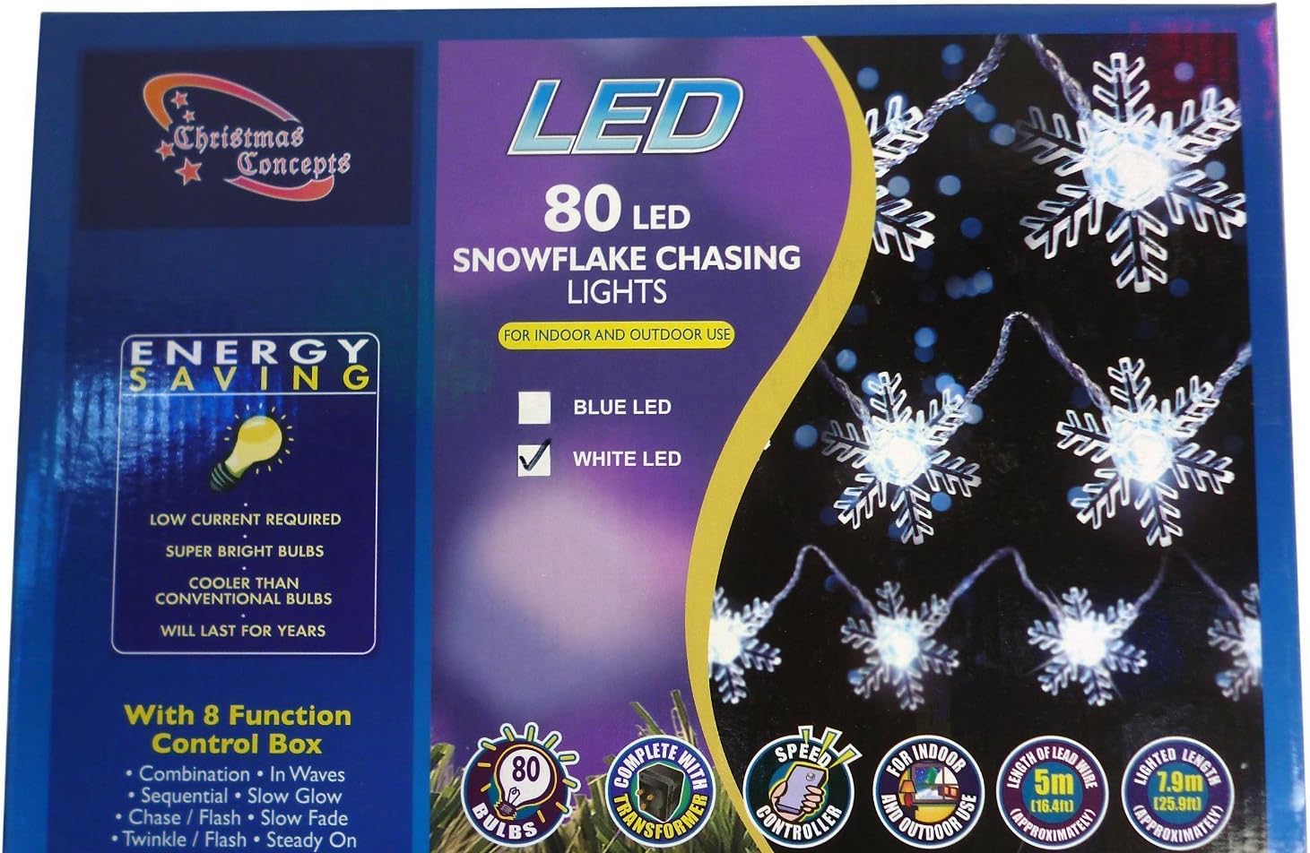 Christmas Concepts® 7.9m (26ft) White Snowflake Lights with 80 LED Lights - Multi Function - Indoor/Outdoor Use - Christmas Lights