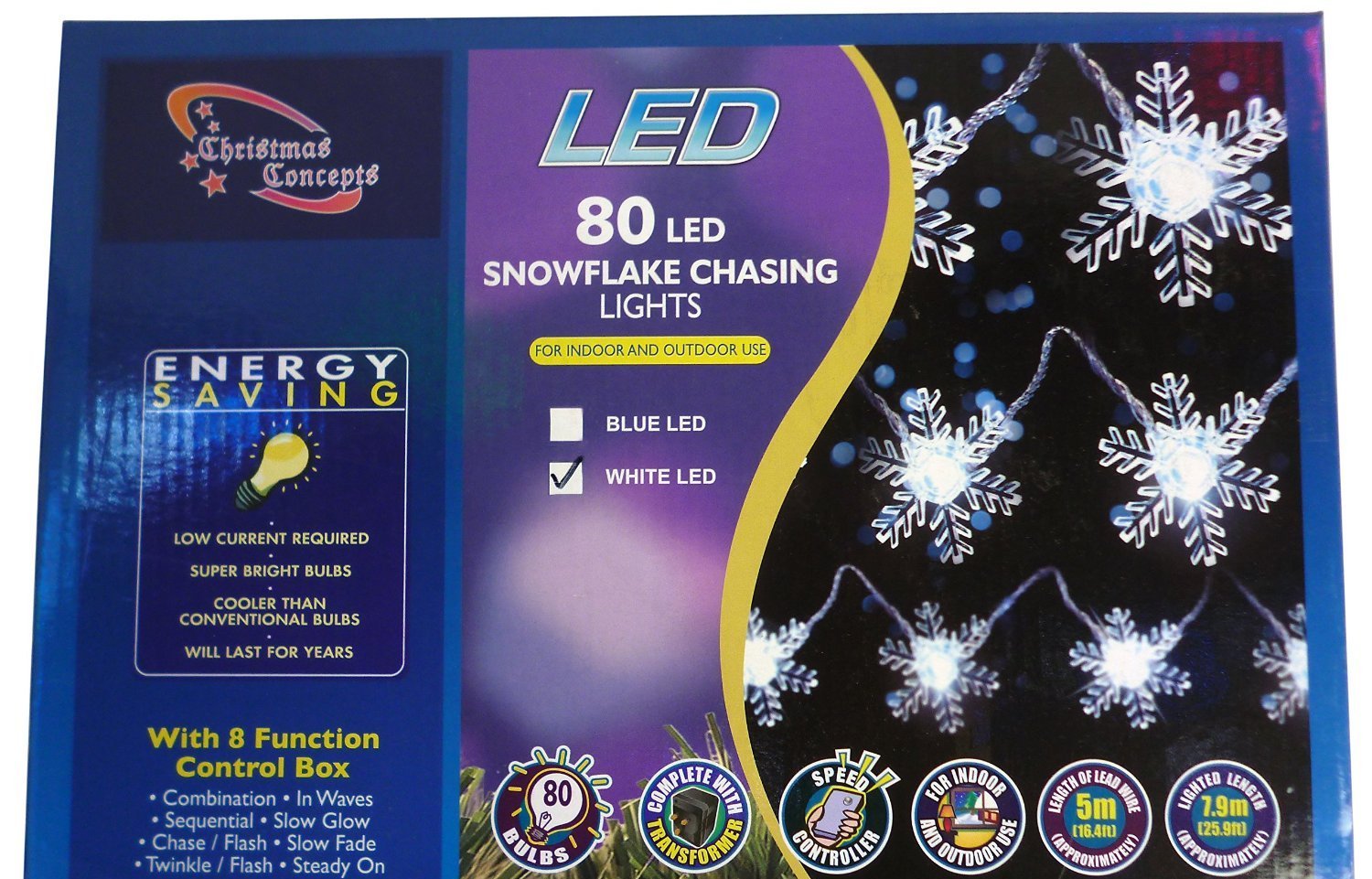 Christmas Concepts® 7.9m (26ft) White Snowflake Lights with 80 LED Lights - Multi Function - Indoor/Outdoor Use - Christmas Lights