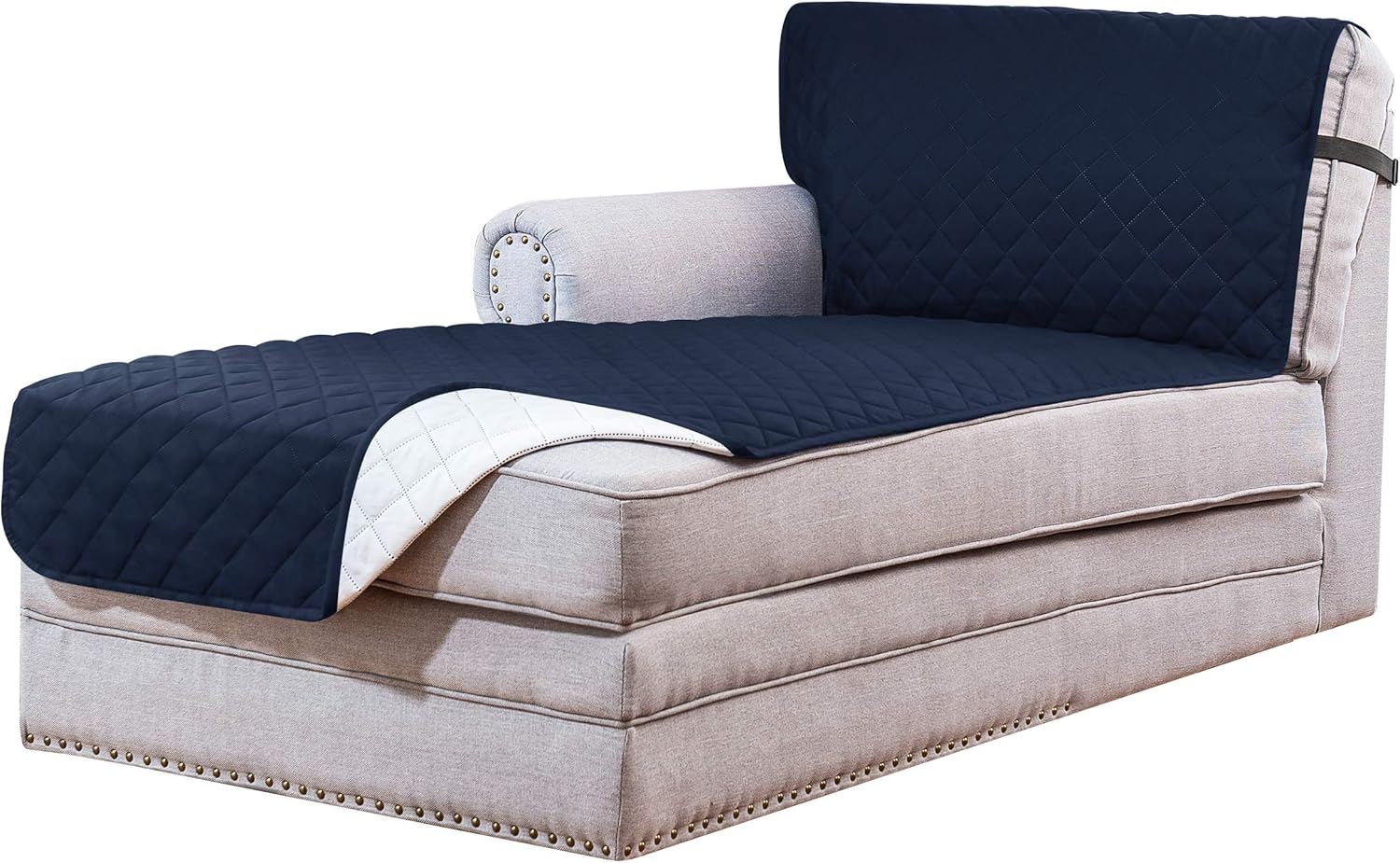 Subrtex Reversible Sofa Chaise Slipcover Protector, Washable Furniture Protector, Chaise Lounge Slip Cover for Pets Dogs with Elastic Adjustable Strap 102x34 Inch (Navy)