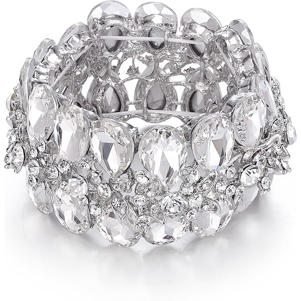 Crystal Rhinestone Stretch Bracelet Silver Tone Marquise Leaf Wedding Bridal Natural Stones Beaded Bracelet Elastic Stretch – Celestial  main image 4