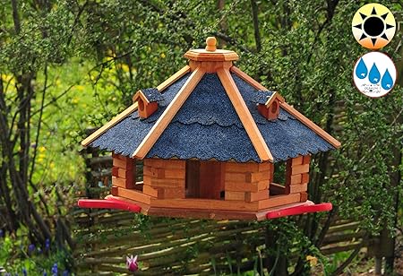 BTV-Ölbaum Vogel-Futterhaus, groß, XL mit Landebahn + LED - Beleuchtung/Licht + Bitumen, Premium MASSIVHOLZ,wetterfest, mit S