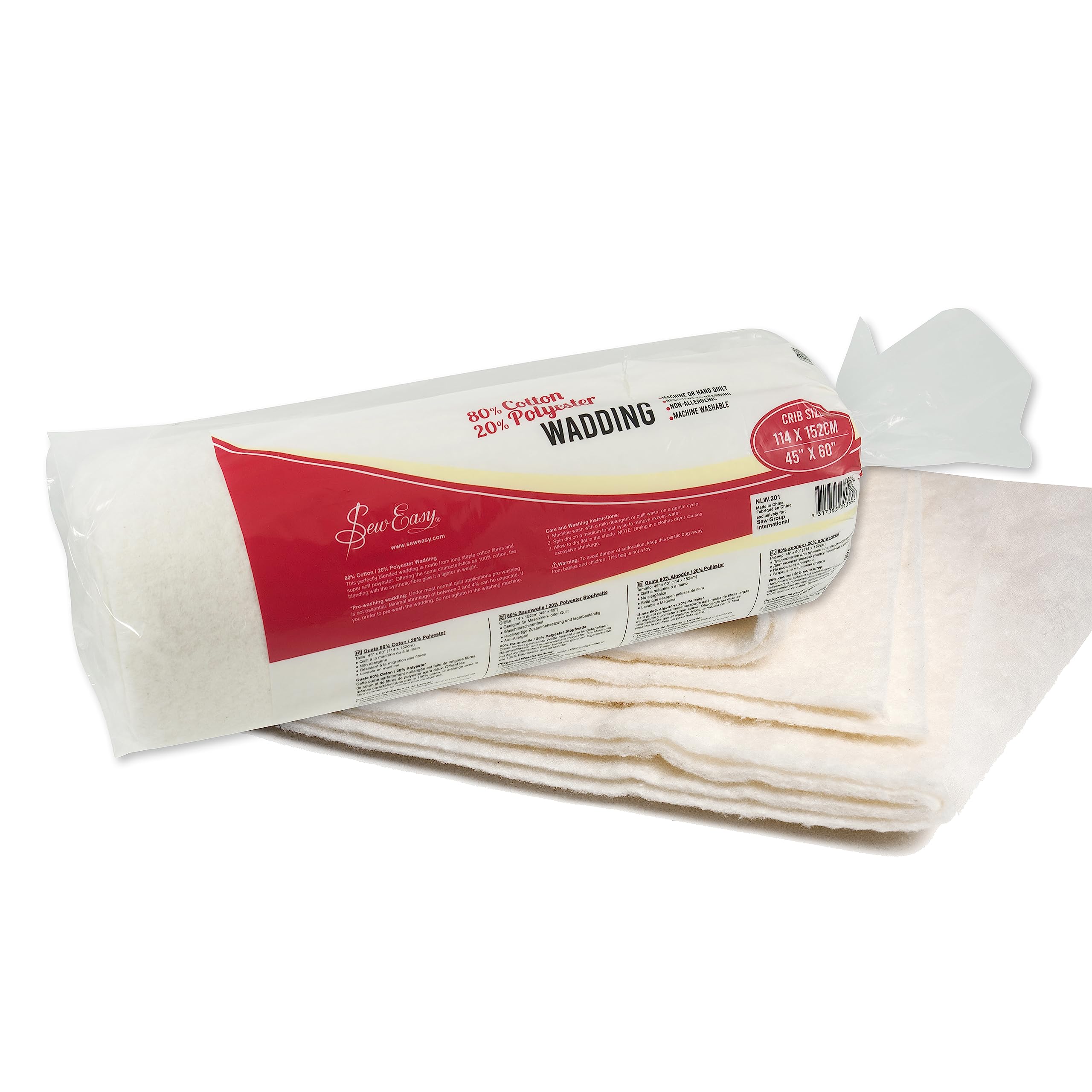 Sew Easy Quilting Batting Wadding 80% Cotton 20% Polyester Washable Crib Size 114.3 x 152.4cm 45 x 60”