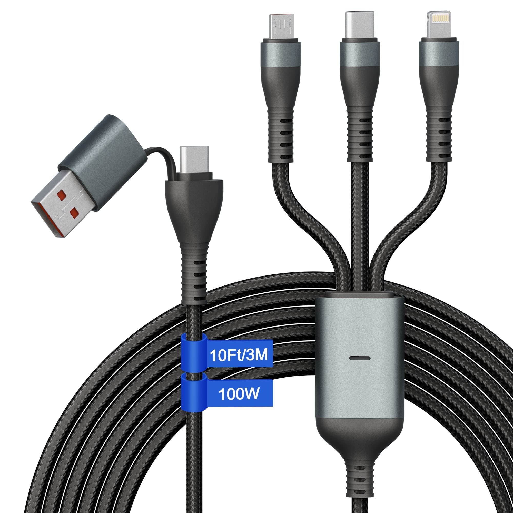 100W USB C to Multi Fast Charging Cable 3M/10Ft [Apple MFi Certified] USB A/C to 3-in-1 Long Charging Cord with Type C +Micro USB +Lightning Connector Universal Charger for Laptop iPhone i-Pad
