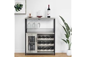 Amyove Wine Bar Rack Cabinet with Detachable Wine Rack, Bar Rack with Glass Holder, Small Sideboard and Buffet Cabinet with Mesh Door, Grey