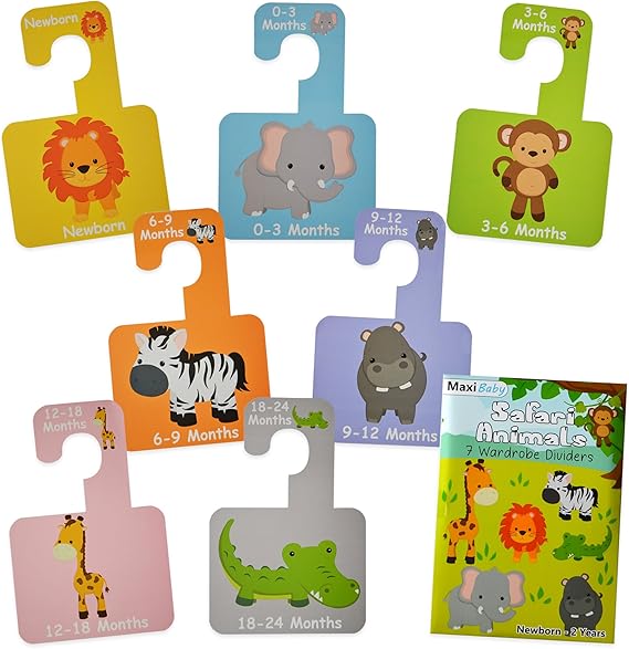 Armario separadores para organizar la tamaños de bebés ropa de recién nacido a 2 años. Ideal para regalo. Juego de 7 separadores con Safari diseños de animales. De alta calidad.