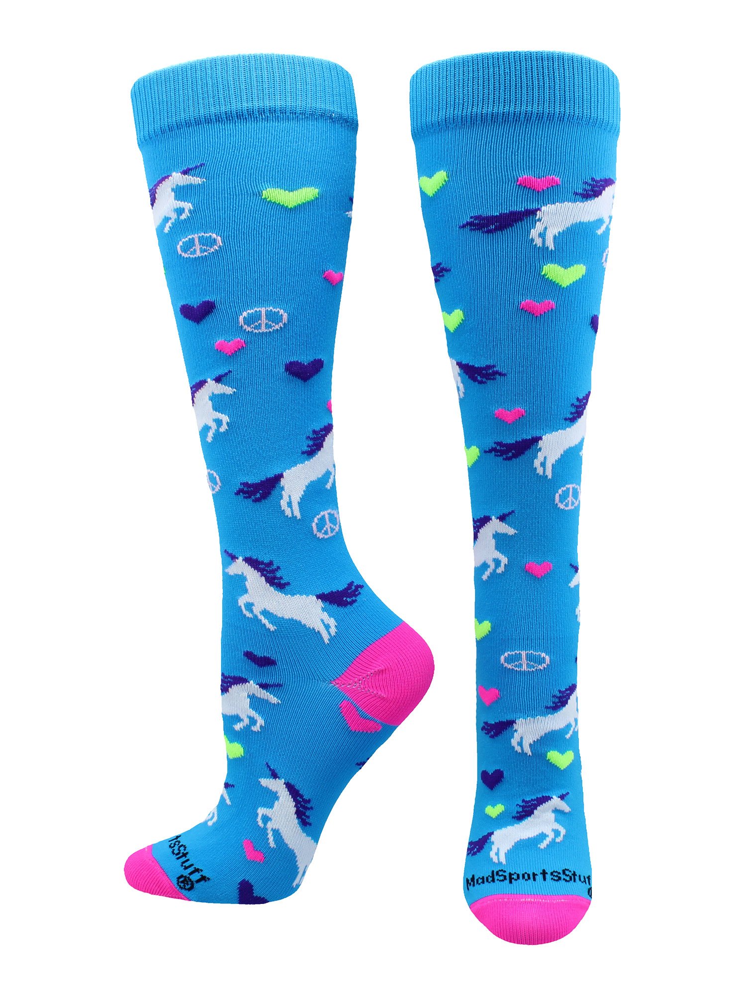 Calcetines sobre la pantorrilla con diseño de unicornio Peace Love (azul eléctrico/rosa neón, pequeño)