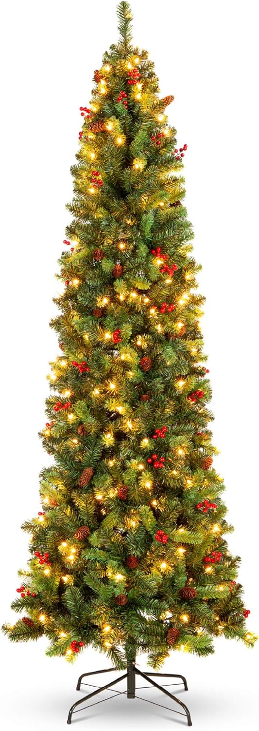 Trees - Best Choice Products 7.5ft Pre-Lit Spruce Pencil Christmas Tree Pre-Decorated for Home, Office, Party, Holiday Decoration w/ 1,075 Tips, 350 Lights, Pine Cones, Metal Hinges & Base - Green