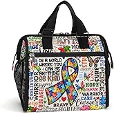 84hoods Large Lunch Box for Women. Insulated Lunch Bag for Work Office Travel Picnic with Adjustable Strap. Autism Awareness Support Gift. Autism Typography.