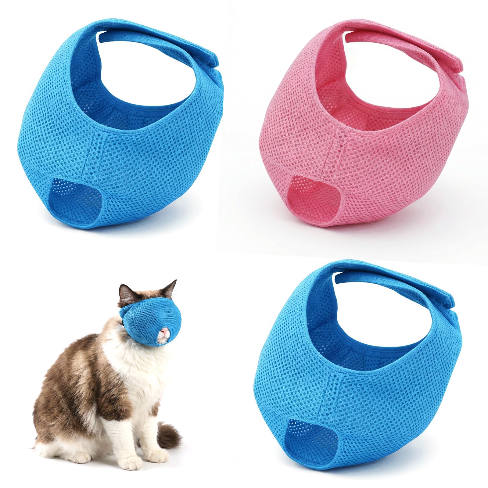 Photo 1 of 3pcs Cat Muzzles for Grooming Set, Adjustable Breathable Cat Muzzles for Bathing, Safe Handling of Cats(Blue, Pink)