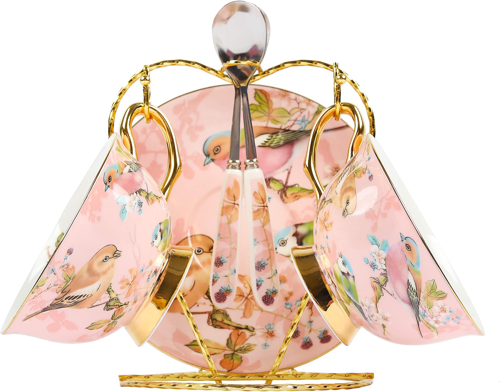 Aonewoe 6-Pieces Ceramic Coffee&Tea Cup Set Bone China Cup Saucer Spoon Set with Golden Metal Stander for Breakfast Home Kitchen Pink Bird