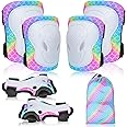 Knee Pads for Kids Elbow Pads Wrist Guards with Drawstring Mesh Bag, 7 in 1 Protective Gear Set for Girls Boys for Skating Cycling Rollerblading Scooter, 3-8 Years (Rainbow Mermaid)