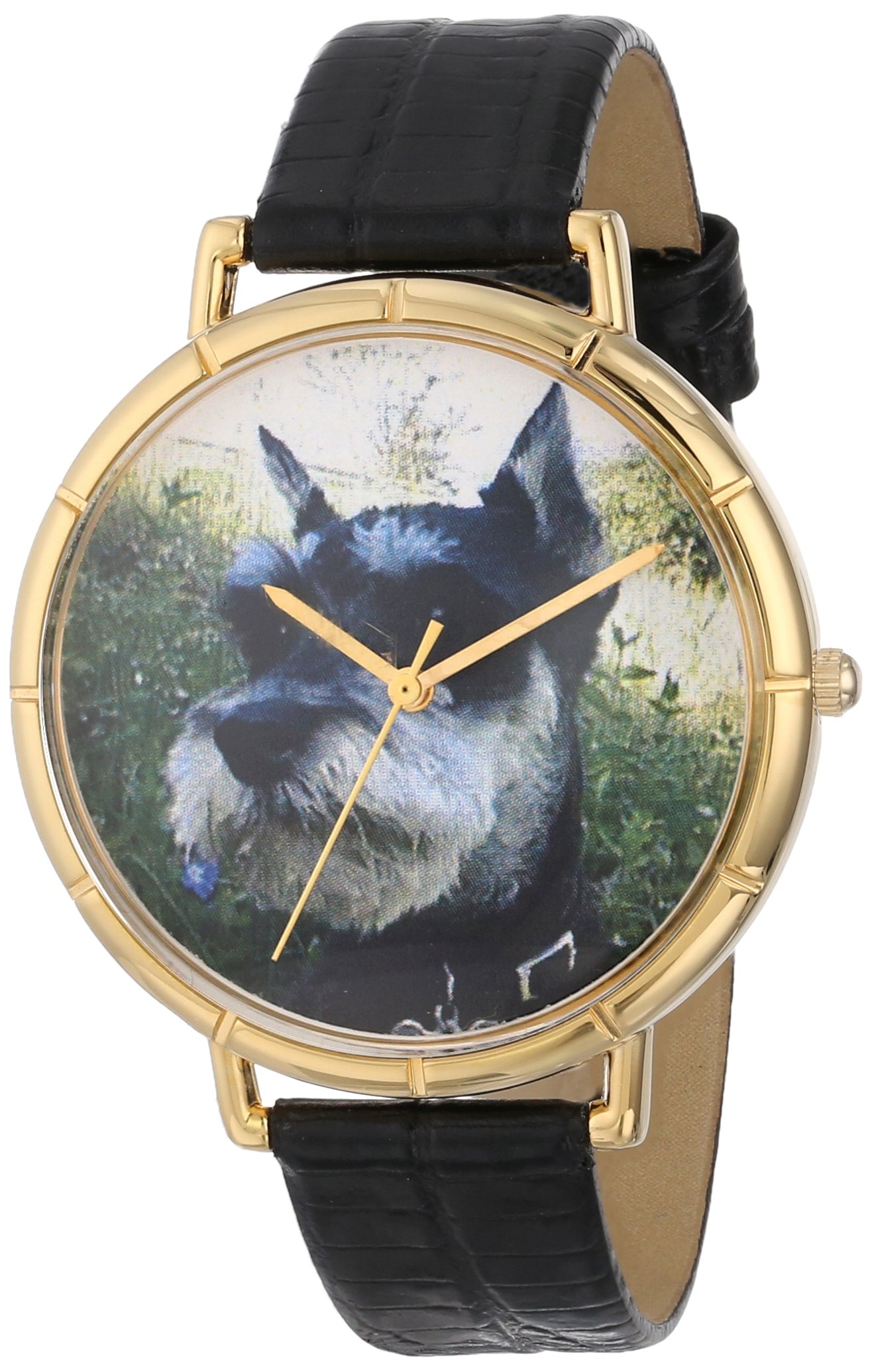Whimsical Watches Schnauzer Black Leather and Goldtone Photo Unisex Quartz Watch with White Dial Analogue Display and Multicolour Leather Strap N-0130066