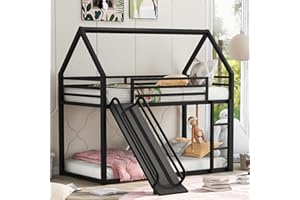 Twin Over Twin House Bunk Bed with Slide and Ladder, Black Metal Playhouse Bunk Bed Frame， Space-Saving Design，Low Height bun