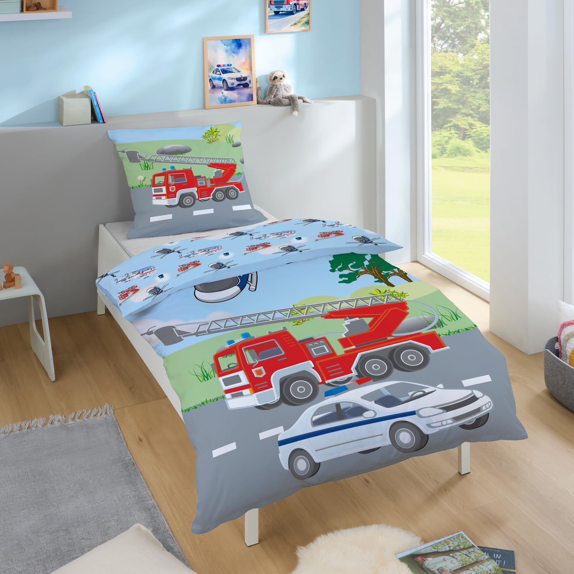 TexIdea Police fire brigade bed linen set, reversible motif, duvet cover 135 x 200 cm, pillowcase 80 x 80 cm, 100% cotton