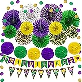 21 PCS Mardi Gras Party Decorations,Mardi Gras Banner Hanging Paper Fans Paper Pompoms Glitter Circle Garlands for Mardi Theme Birthday Masquerade New Orleans Carnival Party Supplies