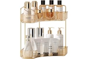 YCIA&DONE Corner Counter Bathroom Organizer Countertop, 2 Tiers Cosmetic Perfume Tray, Vanity Organizers for Makeup, Skincare, Clear Corner Rack for Bedroom, Bathroom, Kitchen(Amber Gold)