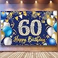 60th Birthday Decorations Backdrop Banner for Men, Happy 60th Birthday Decoration for Men, Blue Birthday Photography Background, 60 Year Old Birthday Party Sign Poster Fabric 6.1ft x 3.6ft PHXEY
