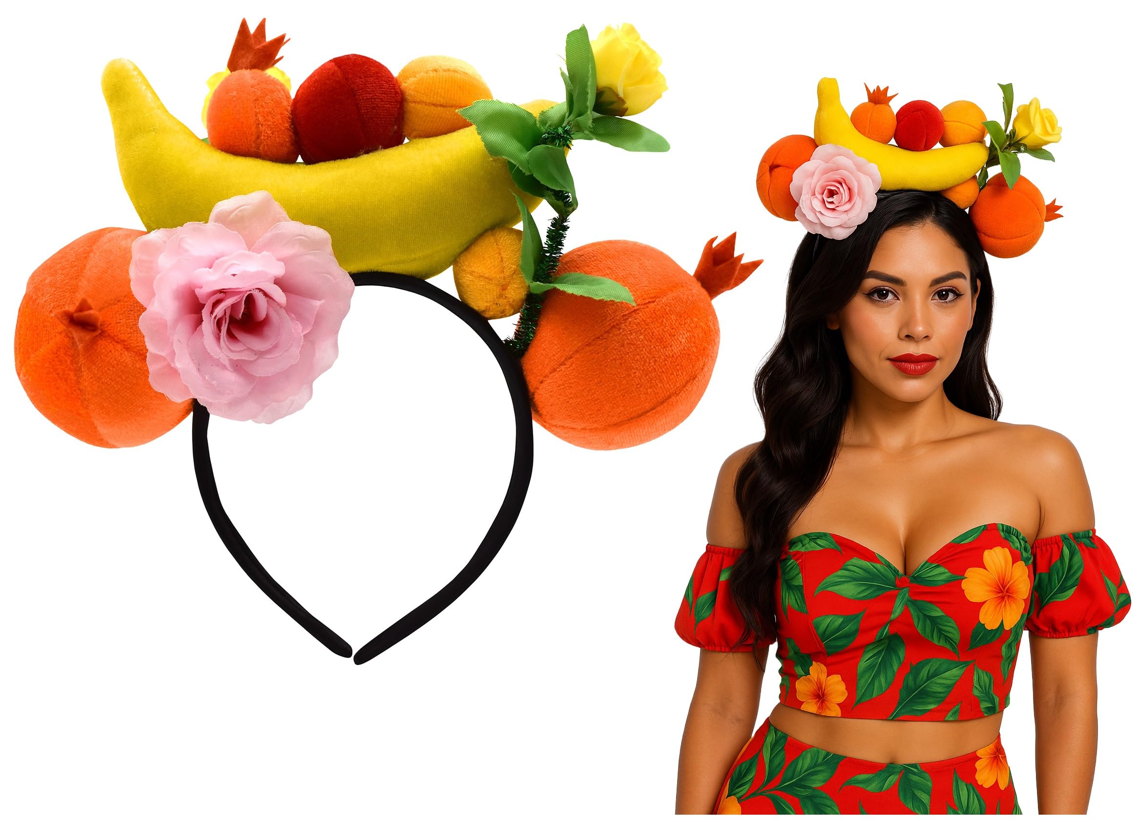 Photo 1 of Nicky Bigs Novelties Tropical Fruit Banana Headband Colorful Luau Hair Accessory Plush Oranges Flowers Berries Carmen Miranda Costume Party Wear for Festivals Tiki Beach Safari Themes