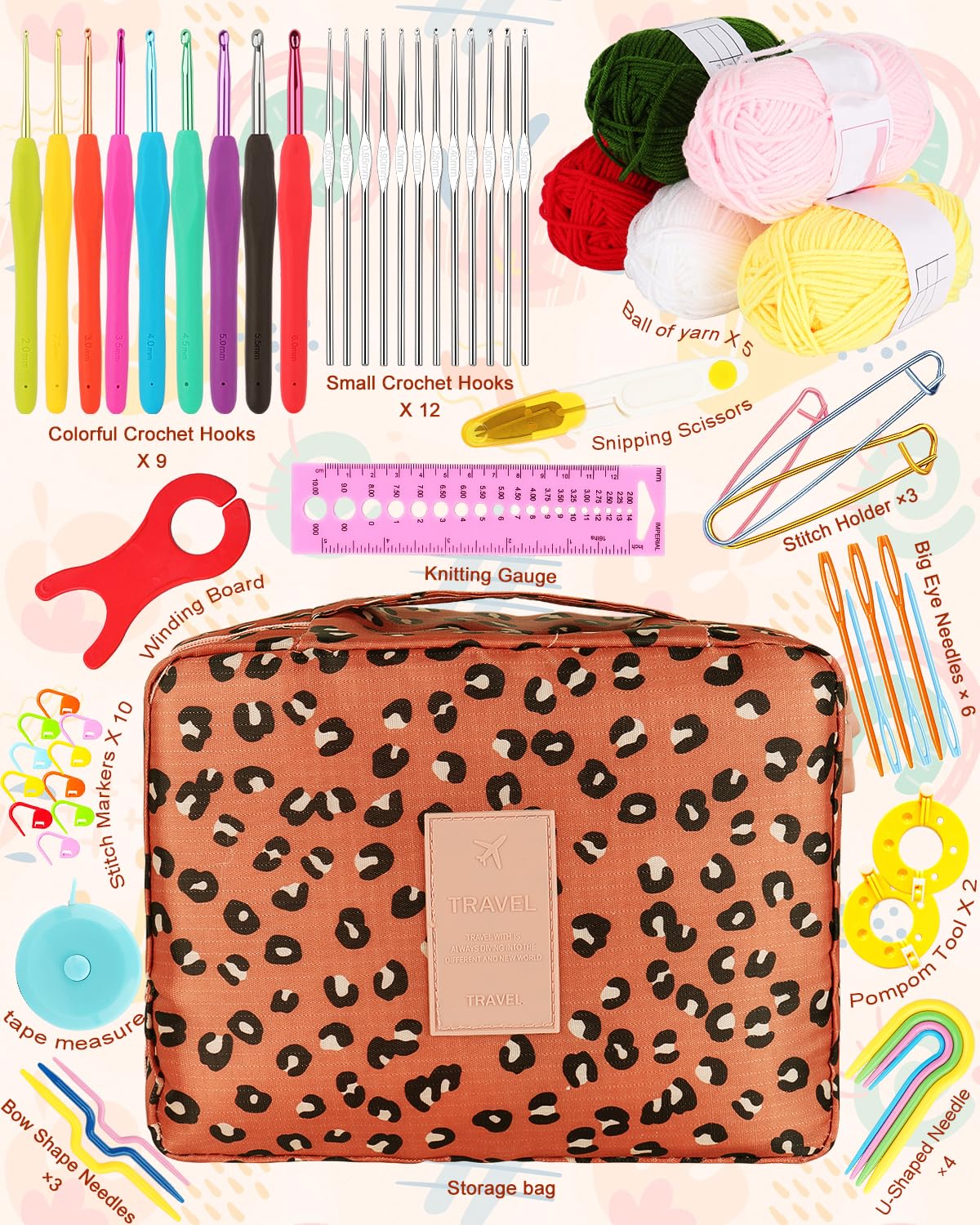 Coopay Crochet Kit Beginners Crochet Hook Set with Crochet Yarn,58PCS Portable Crochet Set Ergonomic Crochet Hooks Travel Knitting Crochet Supplies