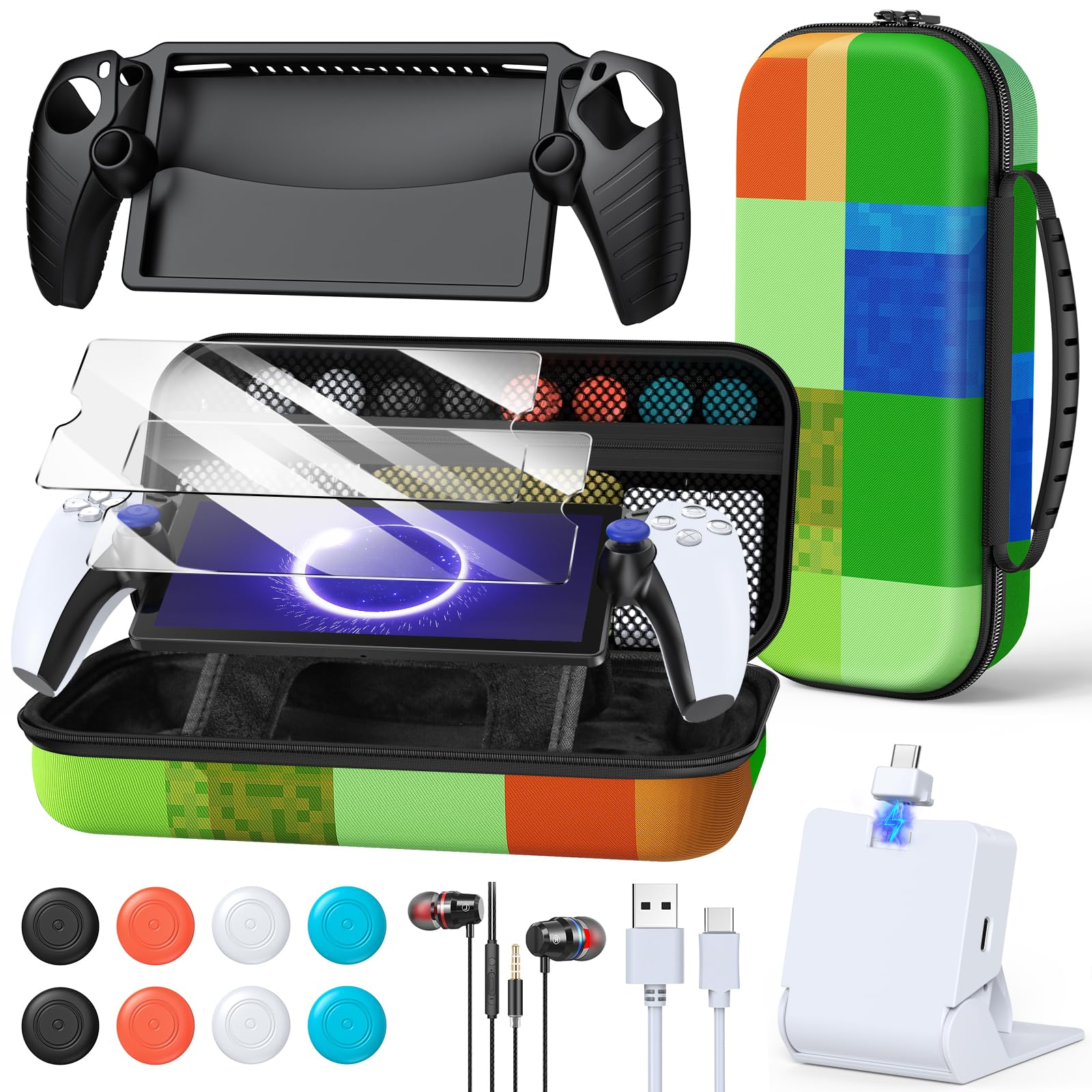 FYOUNG Accessories Kit for PlayStation Portal, Carrying Case Bundle and Magnetic Portable Charger for PS5 Portal with Protective Case, 2 Screen Protectors, Wired Headphone, 8 Thumb Grips (Green)