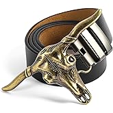 POSKLA Western Belt Cowboy Belts for Men Women, Western Leather Belts Bull Buckle Belt for Jeans, Buckle Removable Plaque