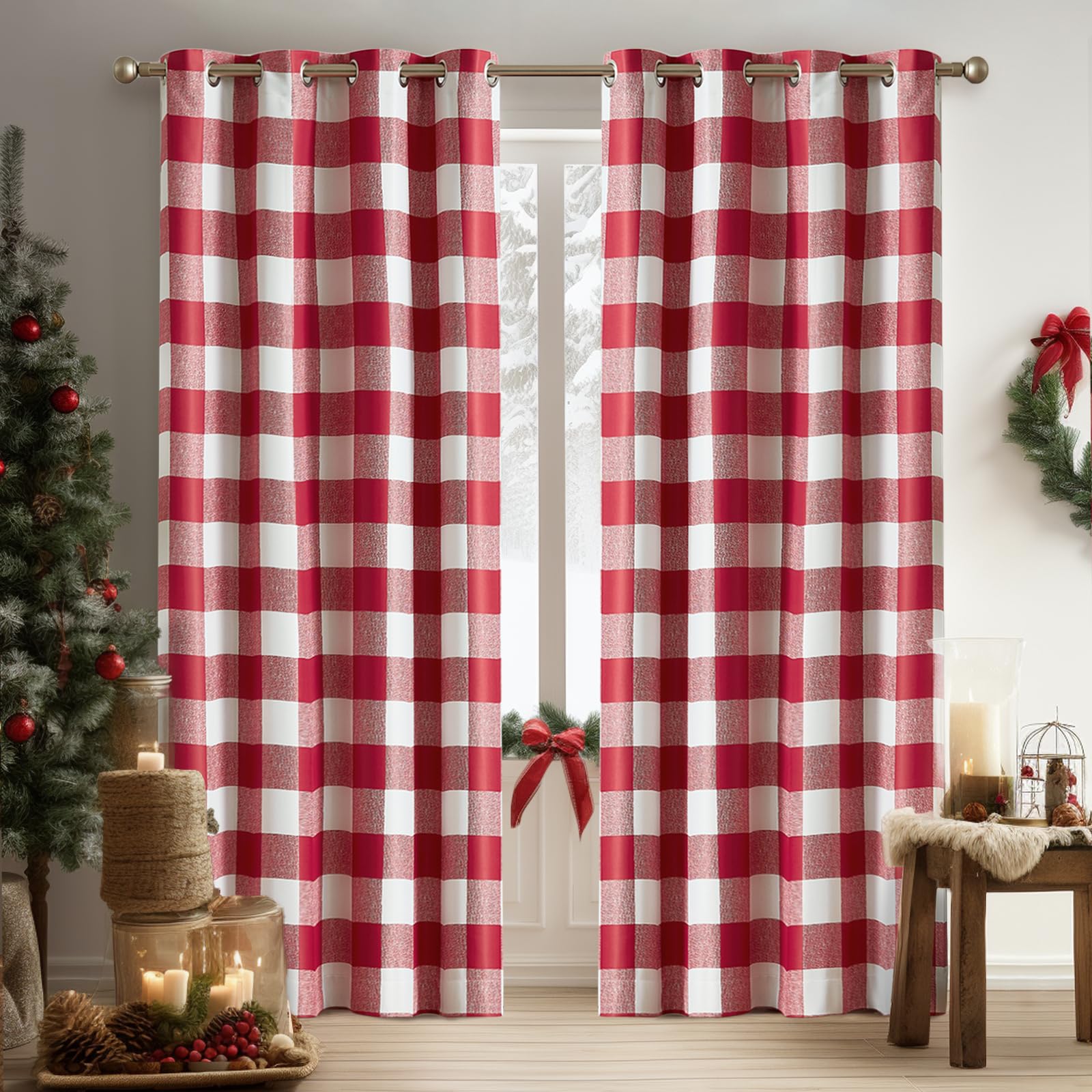 Melodieux Buffalo Check Plaid Blackout Curtains 72 Inches Long for Bedroom, Living Room Thermal Insulated Room Darkening Grommet Drapes, Red, 50 x 72 Inch, 2 Panels