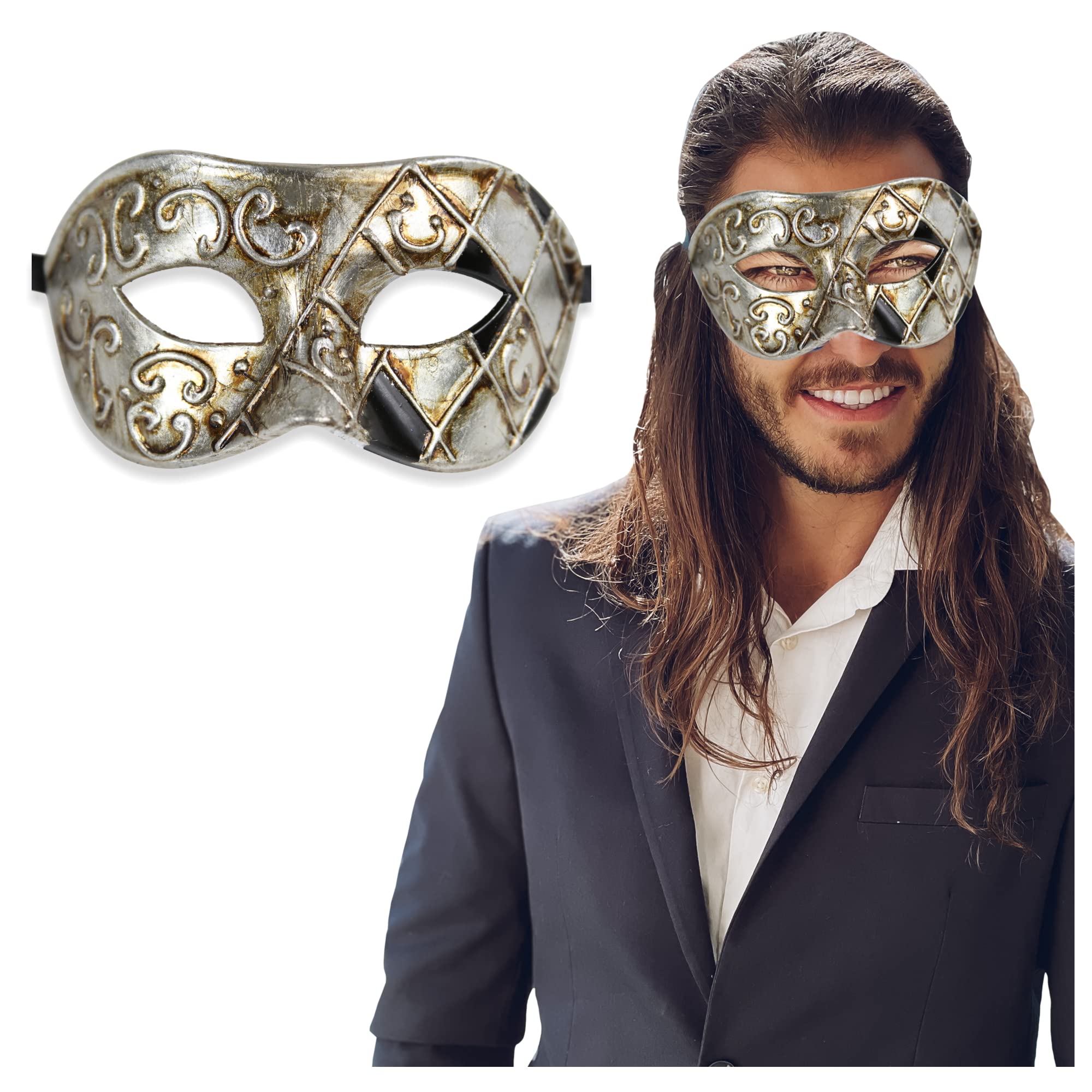 Luxury Mask Men's Vintage Design Masquerade Prom Mardi Gras Venetain One Size Silver/Black/Antique Finish