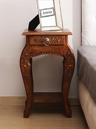 Artesia Wooden Designer Hand Carved Side Table, Brown