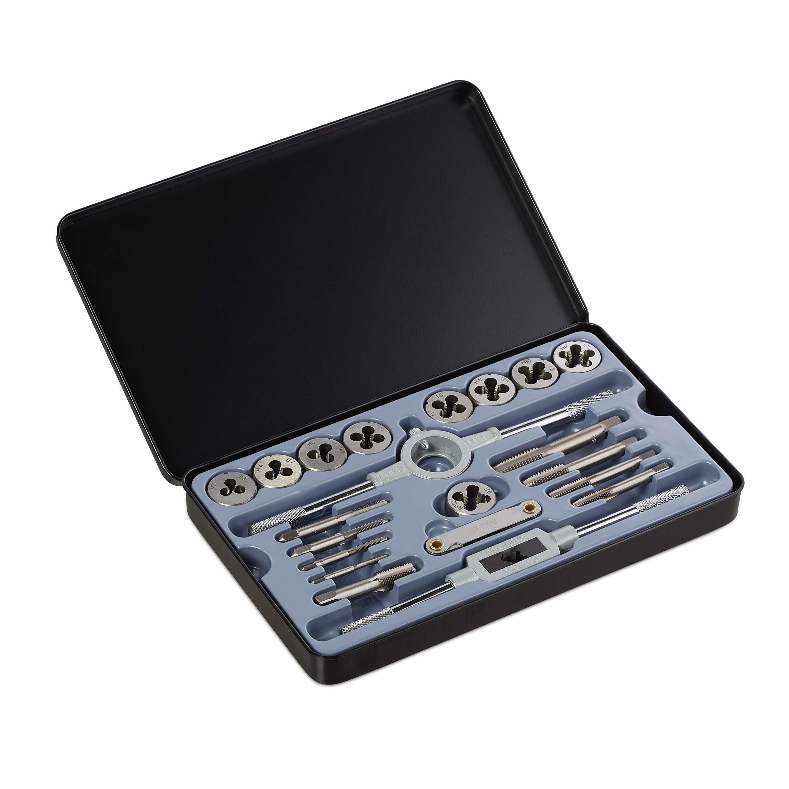 Relaxdays Tap and Die Set, Tool Kit, Includes 9 Dies & Taps in Size M3 - M12, Wrench, Thread Gauge, Case Holder, Silver