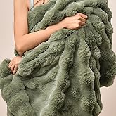 PHF Luxury Faux Rabbit Fur Throw Blanket, Ultra Soft Fluffy Plush Cozy Warm Bubble Blanket for Bed, Couch, Sofa Decorative, Thick Reversible Throw Suitable for Fall & Winter, 50" x 60", Olive Green