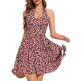 Ovokcina Women's Summer Sundress Sexy Halter V Neck Sleeveless Floral Ruffle Hem Boho Sun Dresses for Women Spring Mini Dress